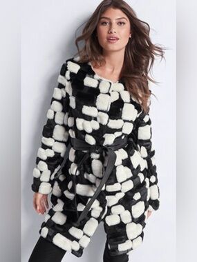 Indigo Moon Black and White Patchwork Faux Fur Coat with tie belt